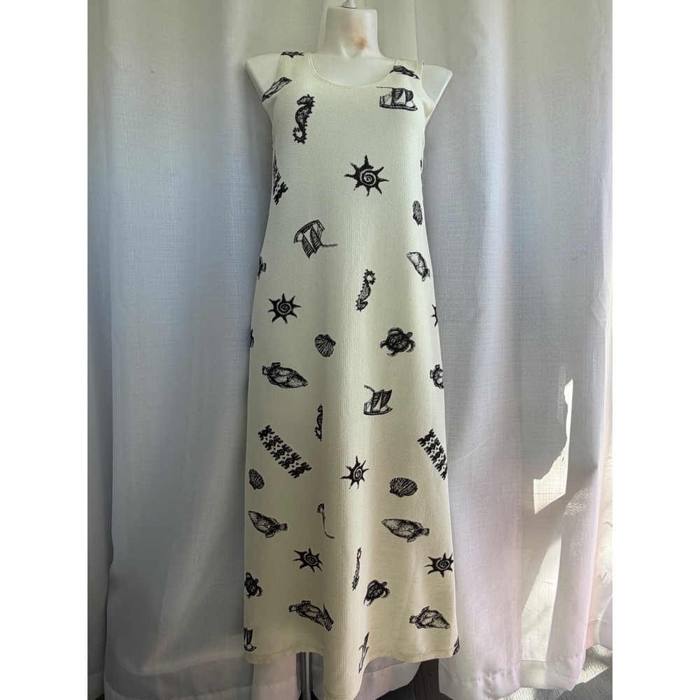 Royal Creations Vintage Hawaii Maxi Dress XL Cream Black Nautical Print 90s